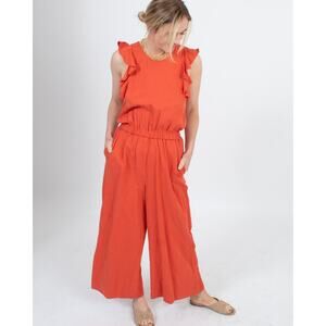 ULLA JOHNSON ORANGE LINEN BLEND OPEN CROSS-BACK ANKLE JUMPSUIT SZ 4